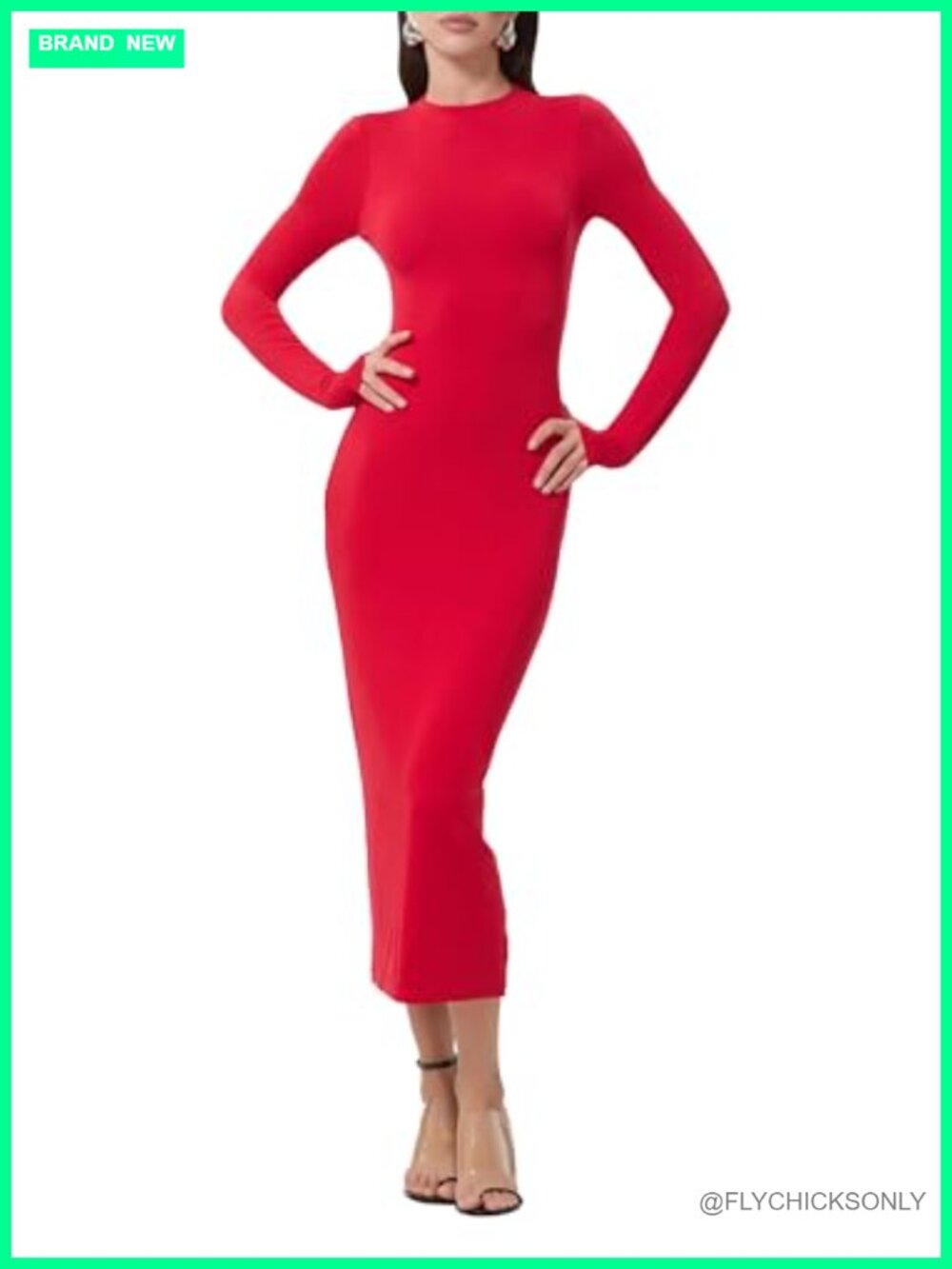 Mock Neck Long Sleeve Midi Bodycon Dress Fitted Pull On Casual